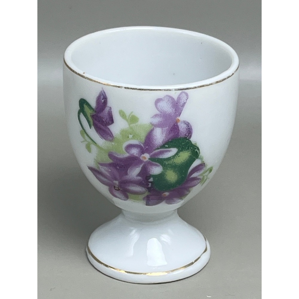 Porcelain Egg Cup with Violets 2.25" Tall Vintage Decorative Collectible Floral